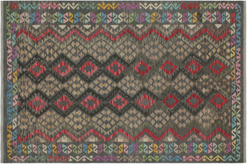 Flat Weave Kilim, Antique, Navaho, Vintage, Handmade, Geometric Kilim Charcoal Red Hand-Woven Rectangle 100% Wool Area Rug 6 x 8